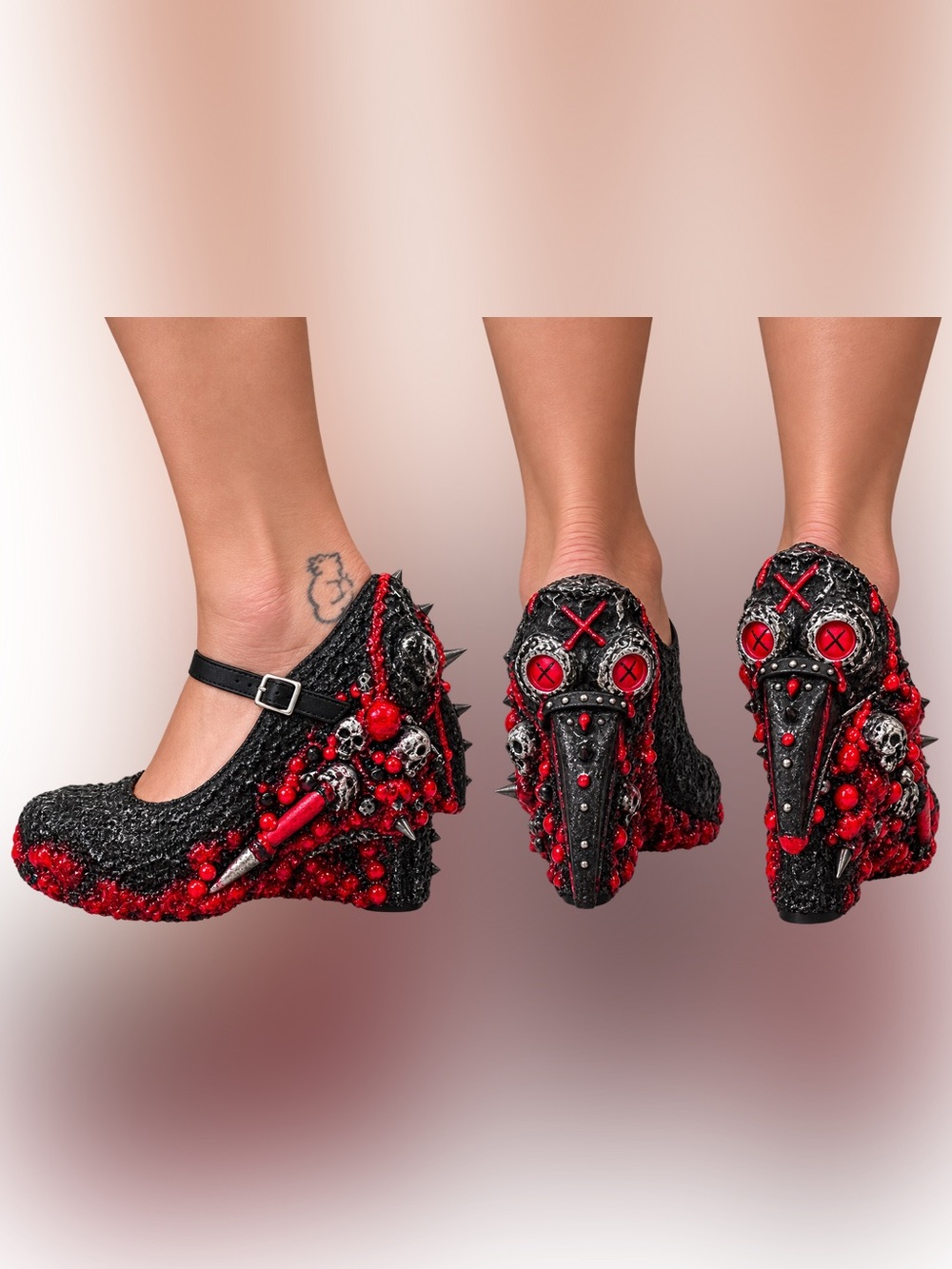 Custom Zombie Peepshow Plague Doctor Wedges - Size 8 - UV Pink and Black